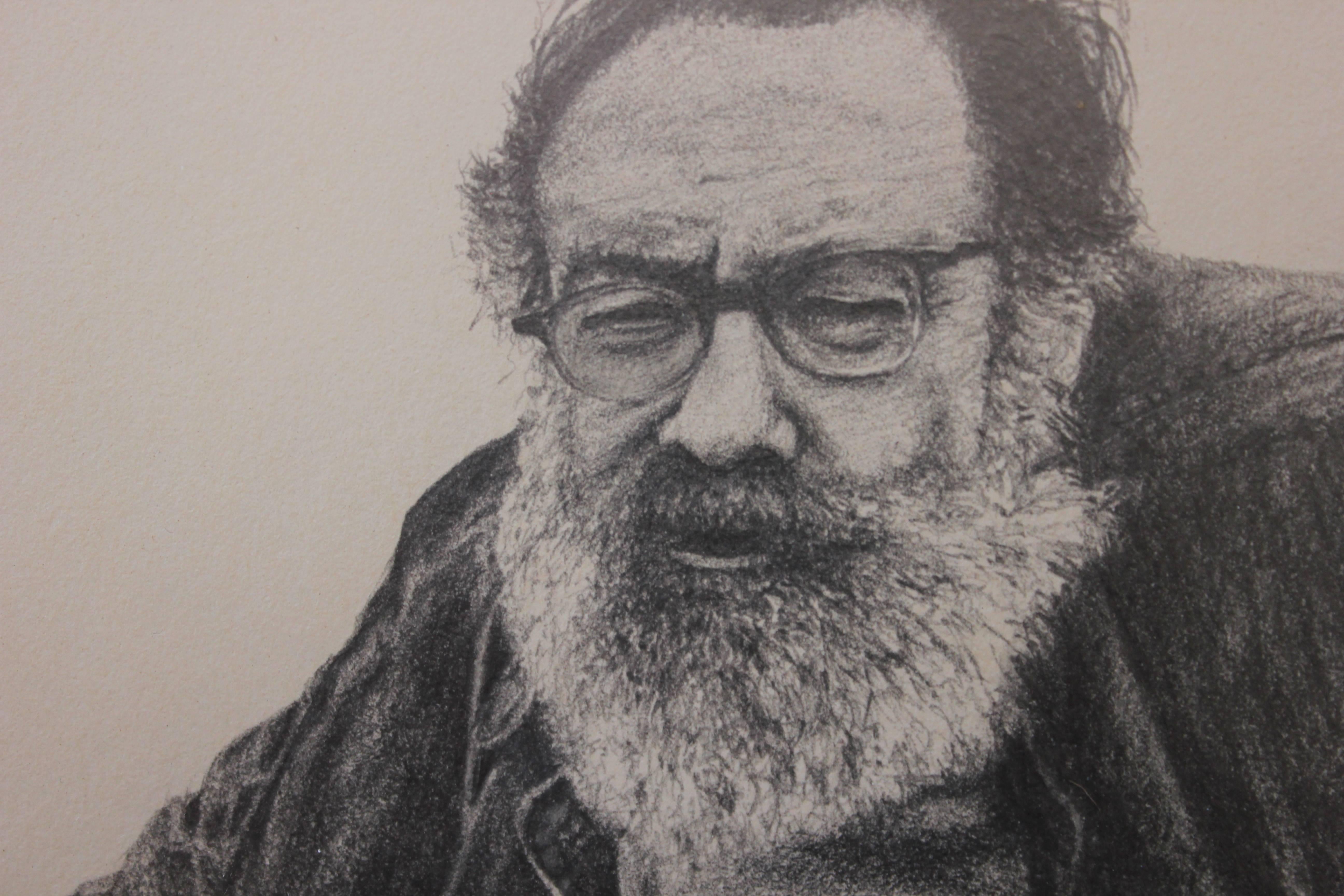 Gorgeous and detailed portrait sketch of a bearded man in a leather jacket and glasses by artist Hallam in 1974.