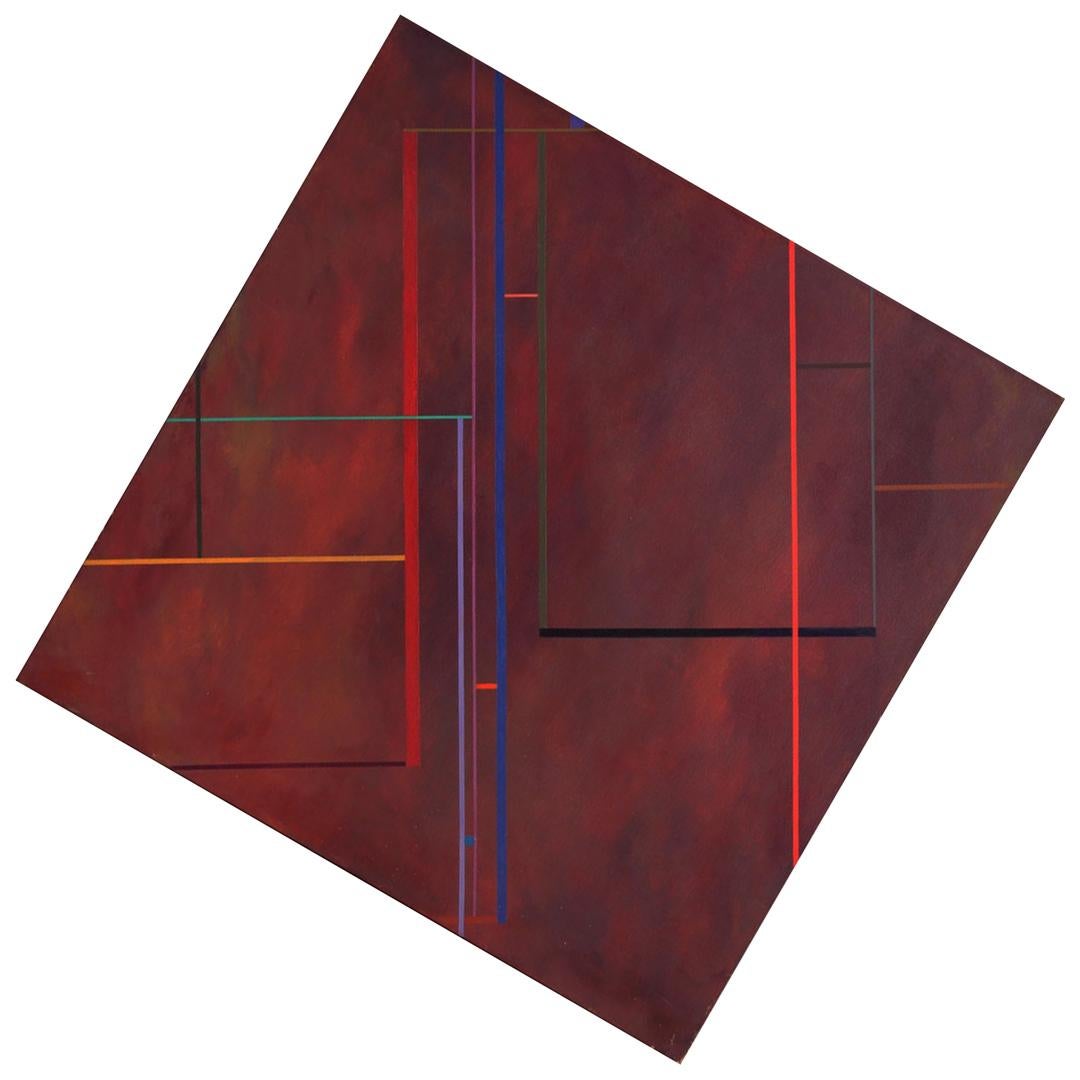 Elva Stewart Abstract Painting - "Flash Dance" Square Contemporary Dark Red Painting with Bright Stripes