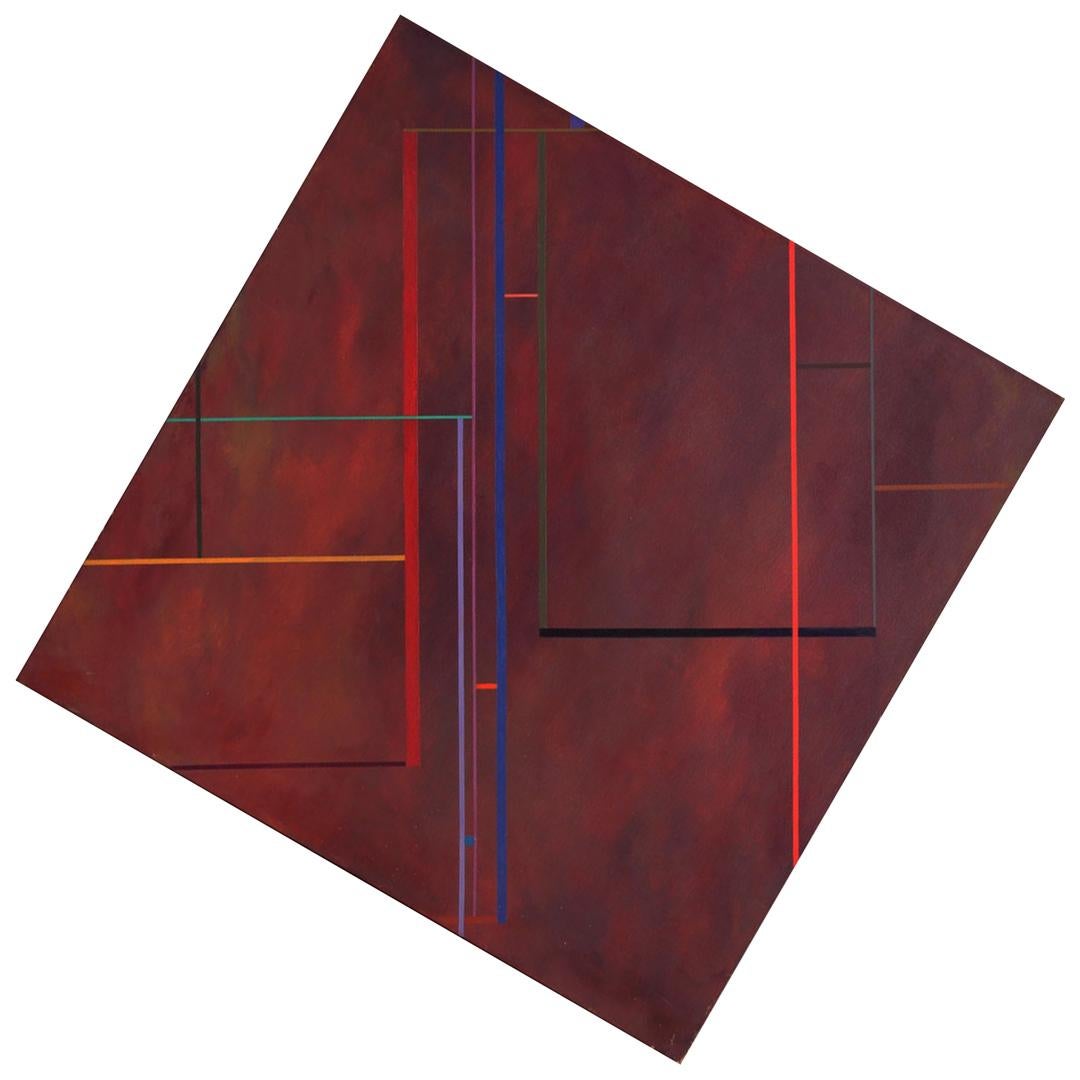 Abstract Painting Elva Stewart - Peinture carrée contemporaine rouge foncé à rayures vives «lash Dance »