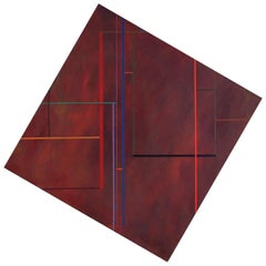 Quadratisches zeitgenössisches dunkelrotes Gemälde „Flash Dance“ mit leuchtenden Streifen