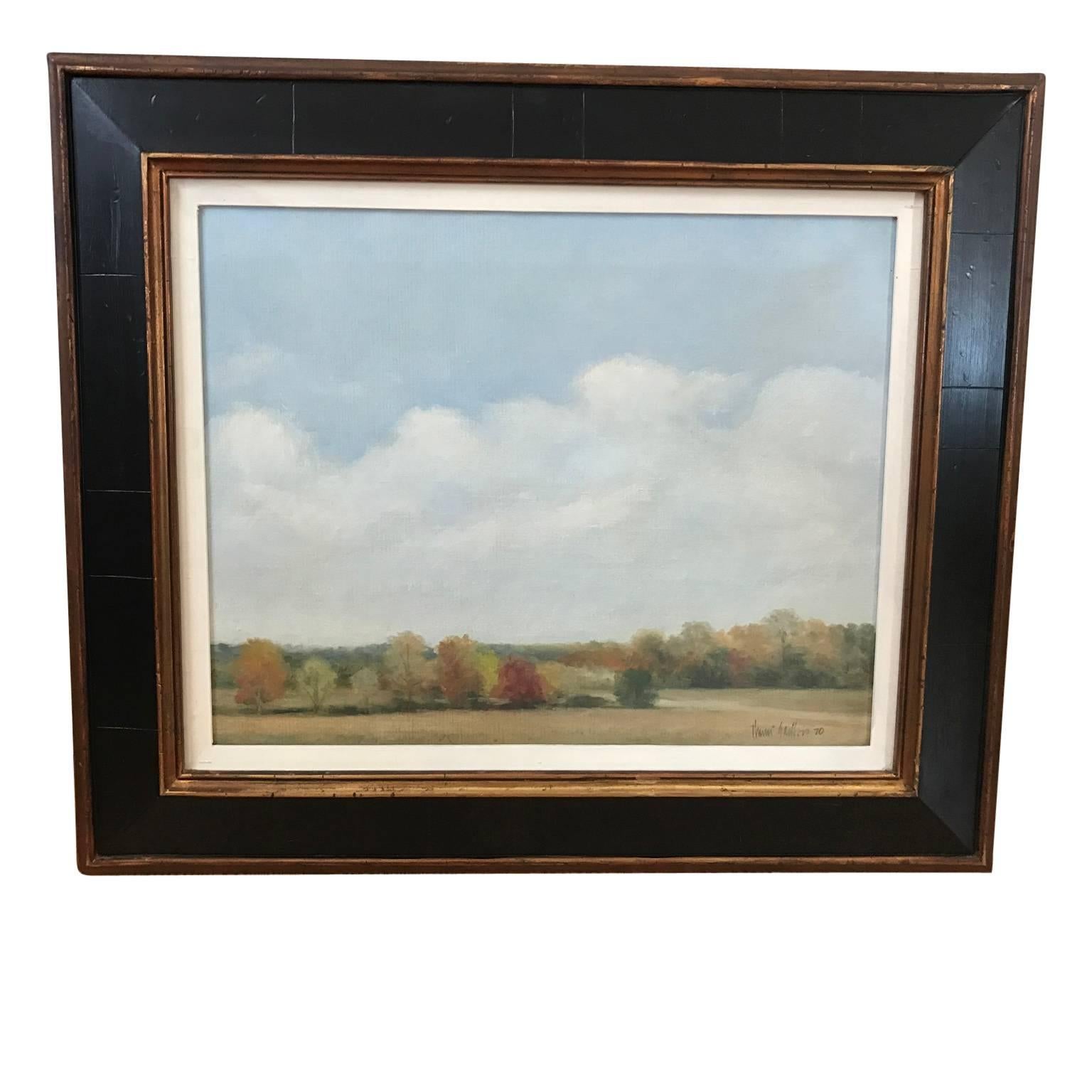 Naturalistic Henri Gadbois Texas sky landscape from the 1970s. The barrenness creates a peaceful tone. Placed in thick black and brown wooden frame. Artist signature in the bottom right corner. 

Artist Biography:
Henri Gadbois is a second