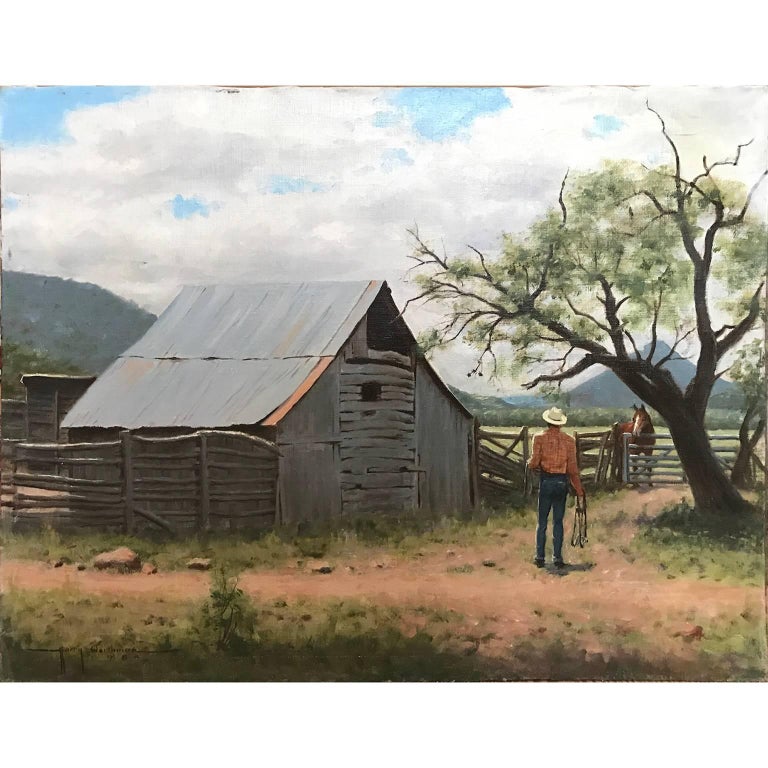 Realistic landscape of West Texas with a wooden barn in the foreground with a horse and cowboy. Signed and dated in the bottom left corner. 

Artist Biography: Harry Worthman was born in New York City. He stared his career as an artist at an early