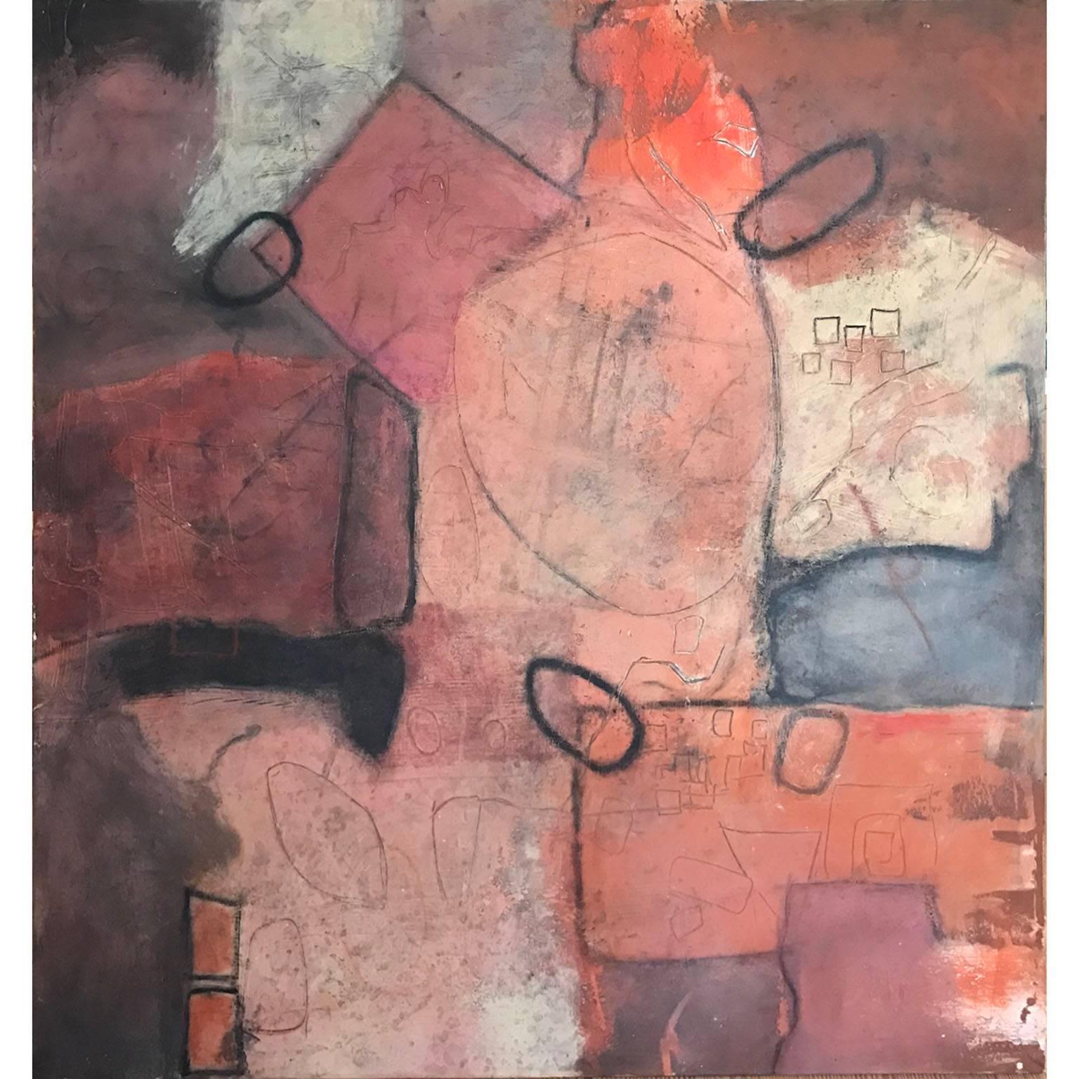 Large abstract shapes painted in earth tones of reds, purples and blush. The painting is in great vintage condition. 

Artist Biography: Dick Wray, a native Houstonian,born in Heights Hospital in 1933 was primarily educated in Houston, Texas. He