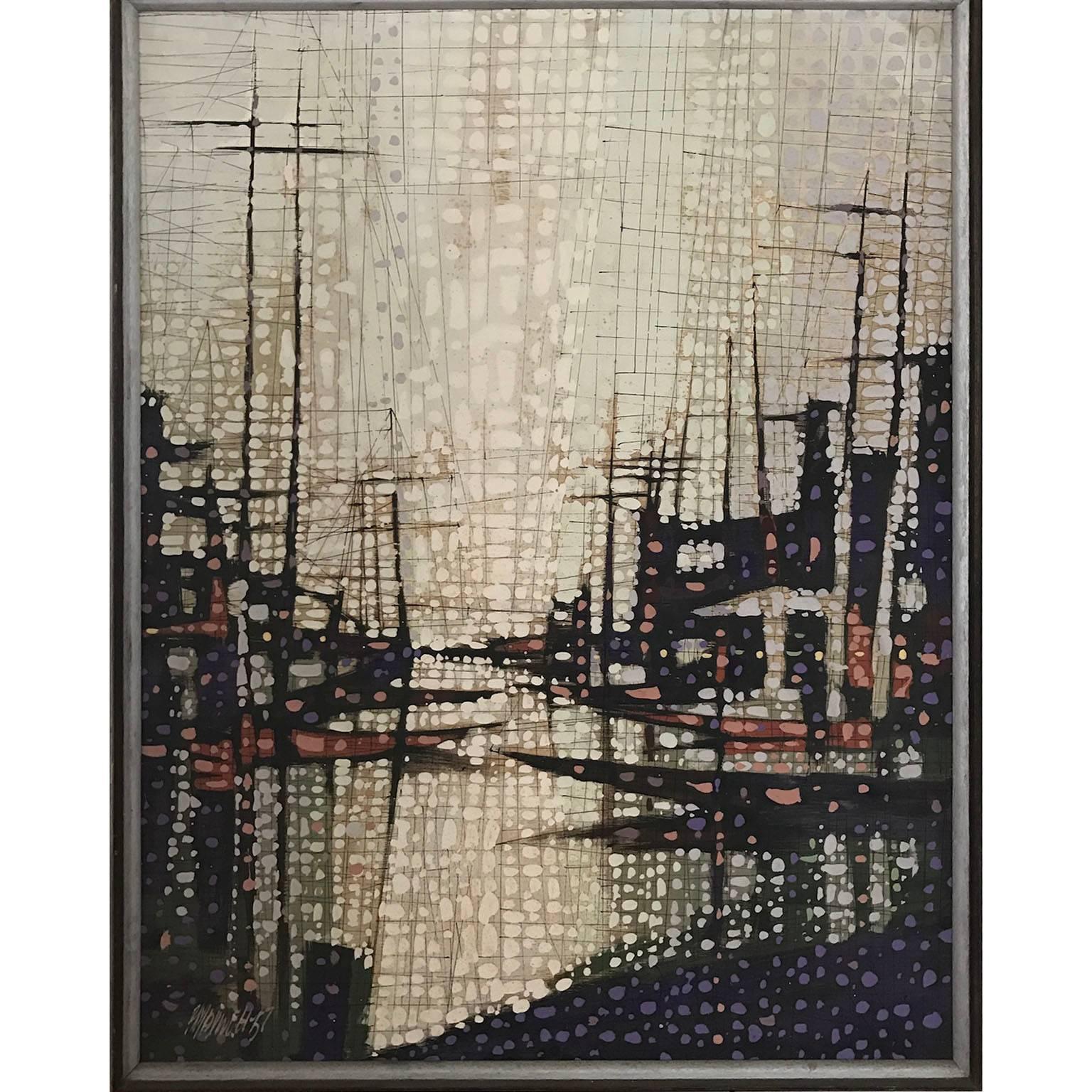 Paul Maxwell Landscape Painting - Faux-Pointillism Abstract Sailboats Seascape 