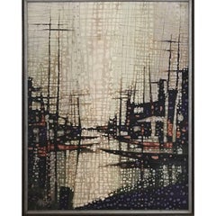 Faux-Pointillism Abstract Sailboats Seascape 