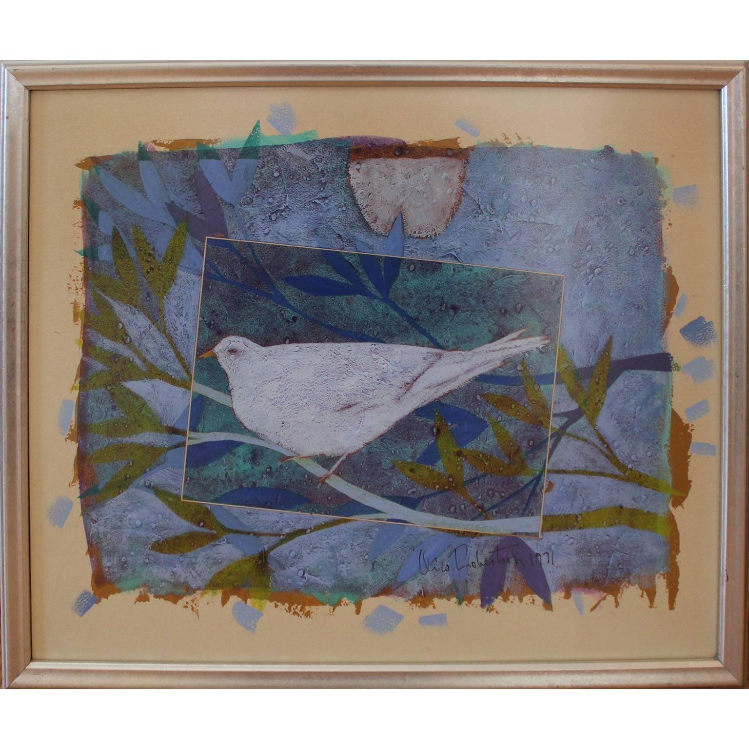Animal Painting Oris Robertson - Peinture à l'huile moderne d'une colombe sur papier géométrique, bleue
