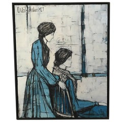 Retro Blue Linear Domestic Family Scene with Two Women