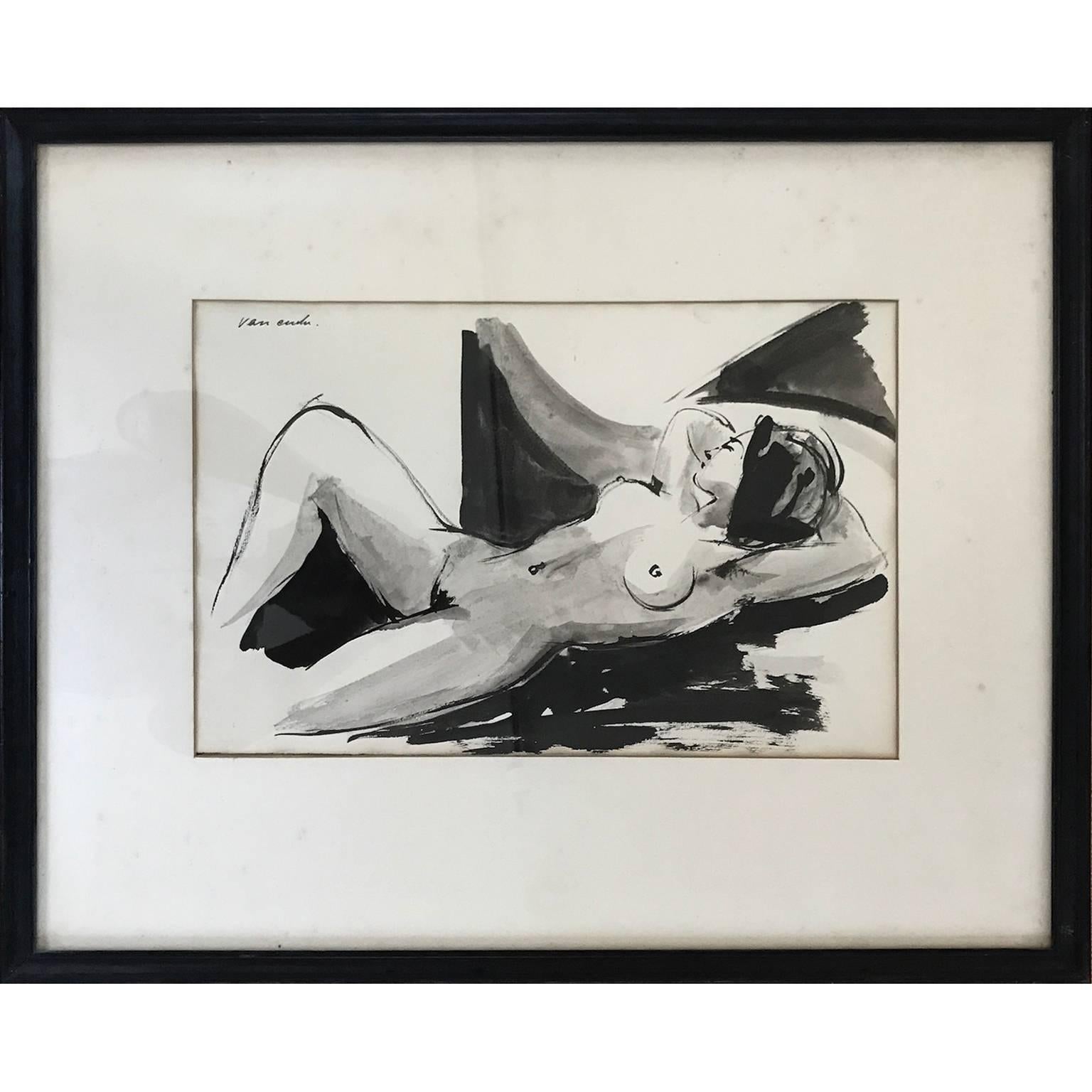 Nude Woman Ink Wash on Paper - Art by Maurice Charles Louis Van Essche