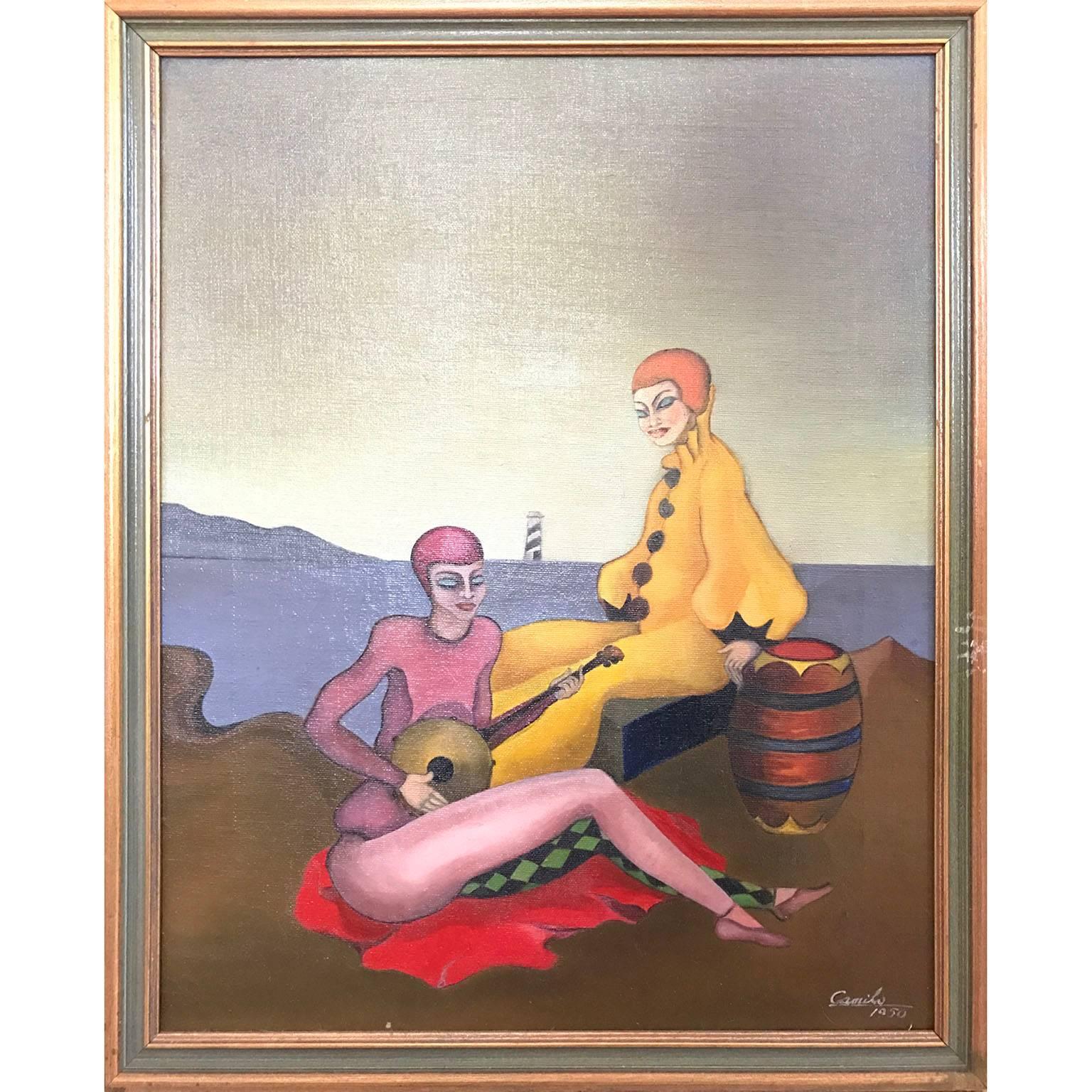 Peinture surréaliste de deux arlequins se détendant - Painting de Camilo
