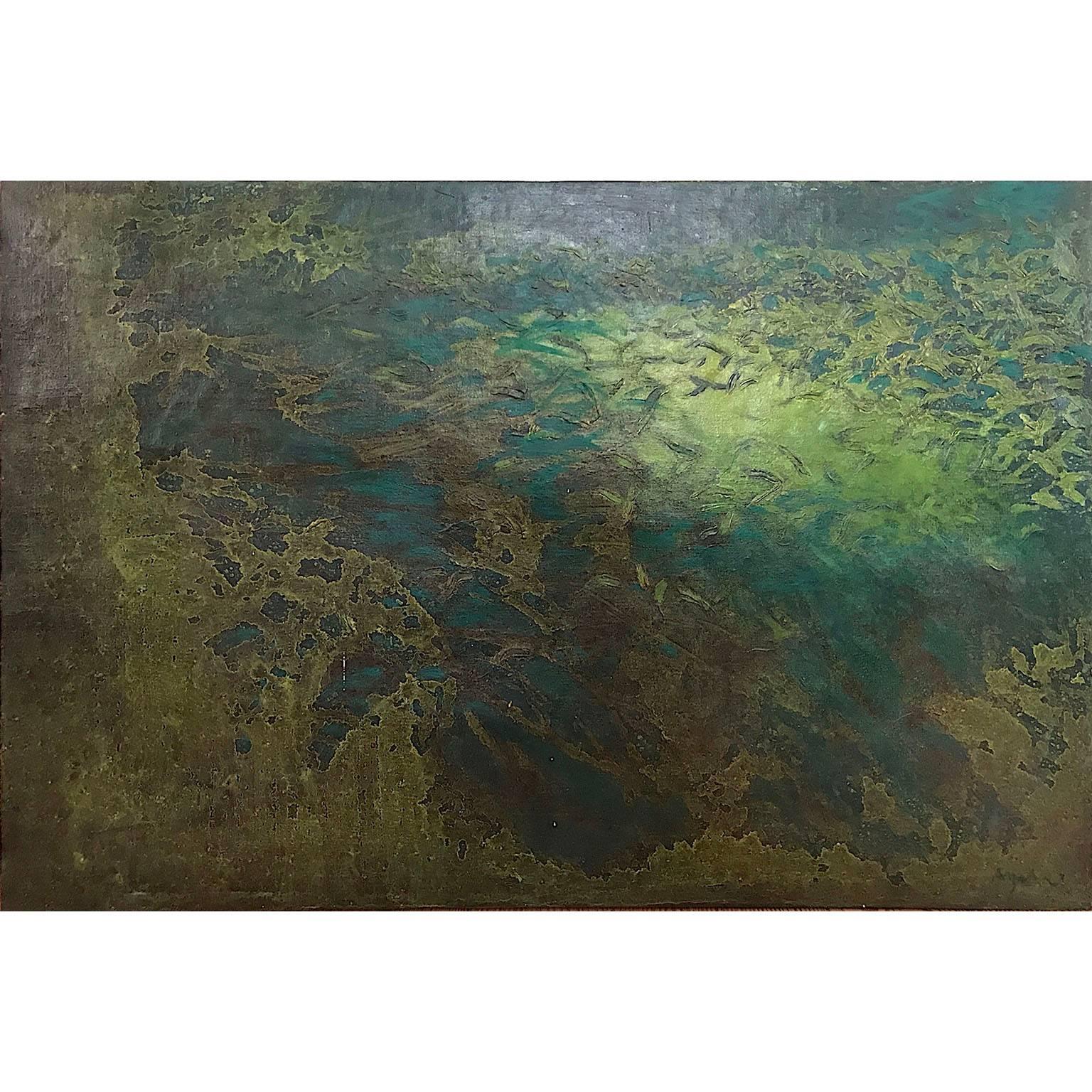 William Anzalone Abstract Painting - Impressionist Green Reverse Landscape Painting