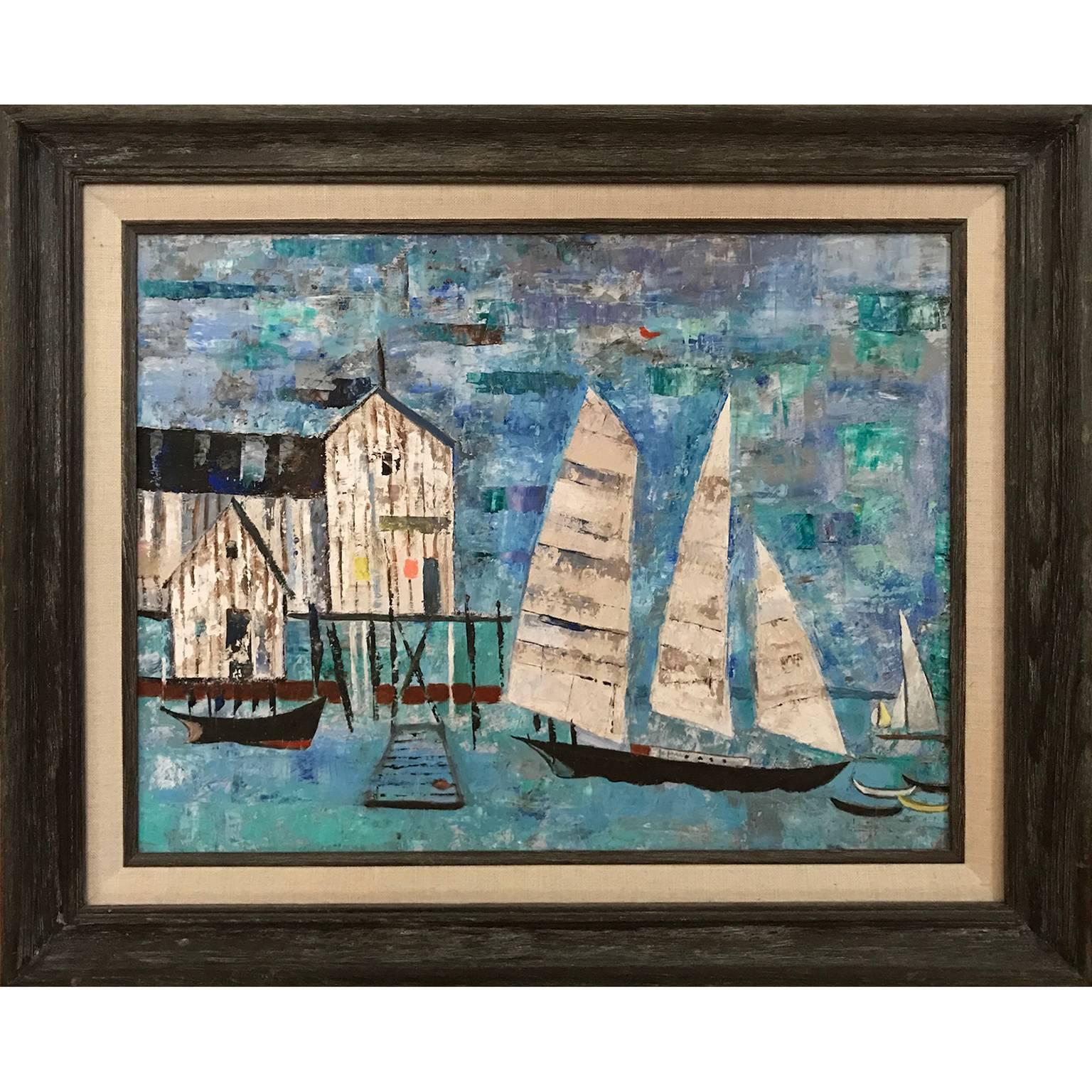 Cool-Colored Abstract Expressionist Sailboats and Boat House