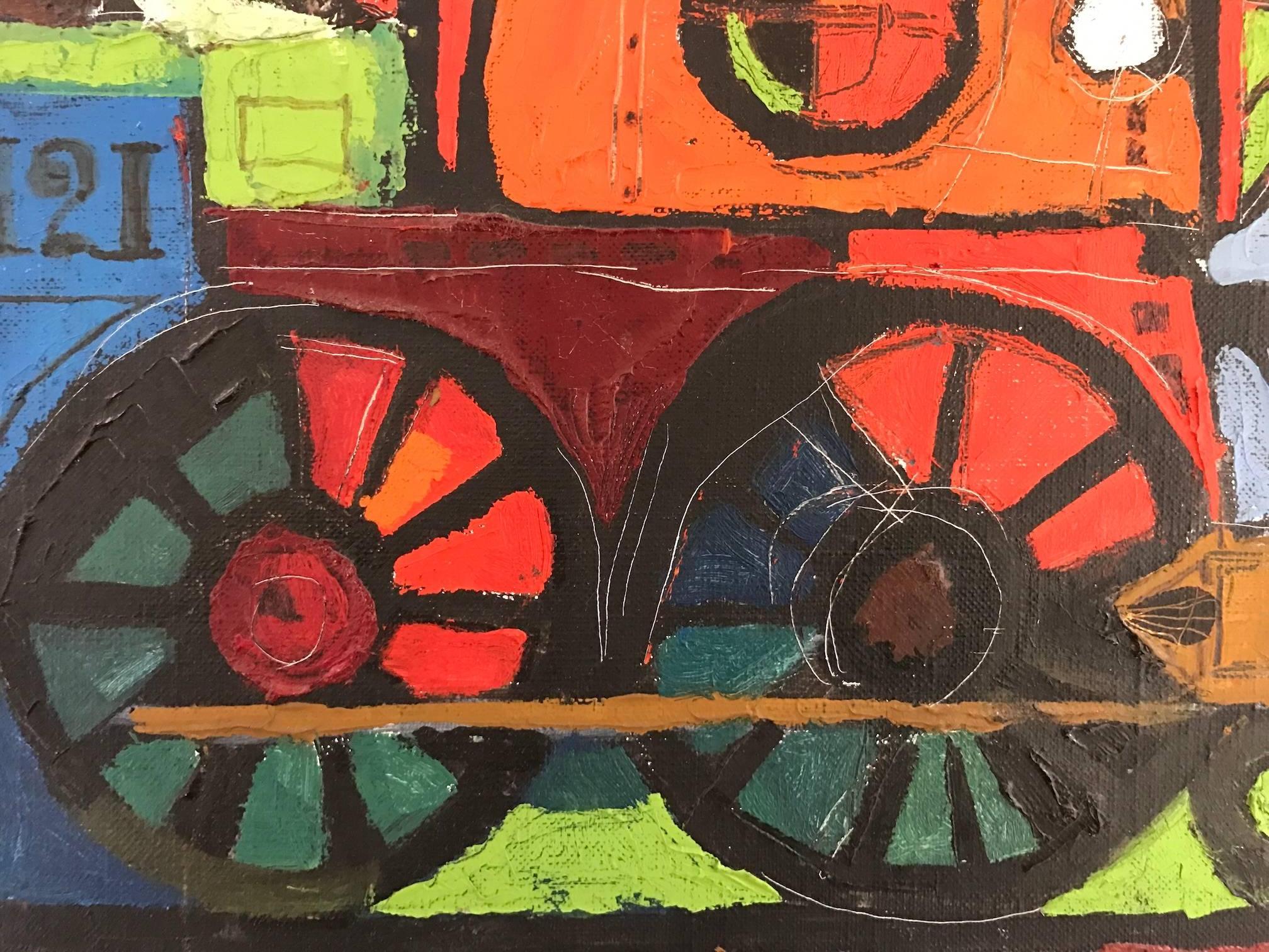Abstract Expressionist Train Conductor Painting, 1969 - Gray Figurative Painting by Bill Condon
