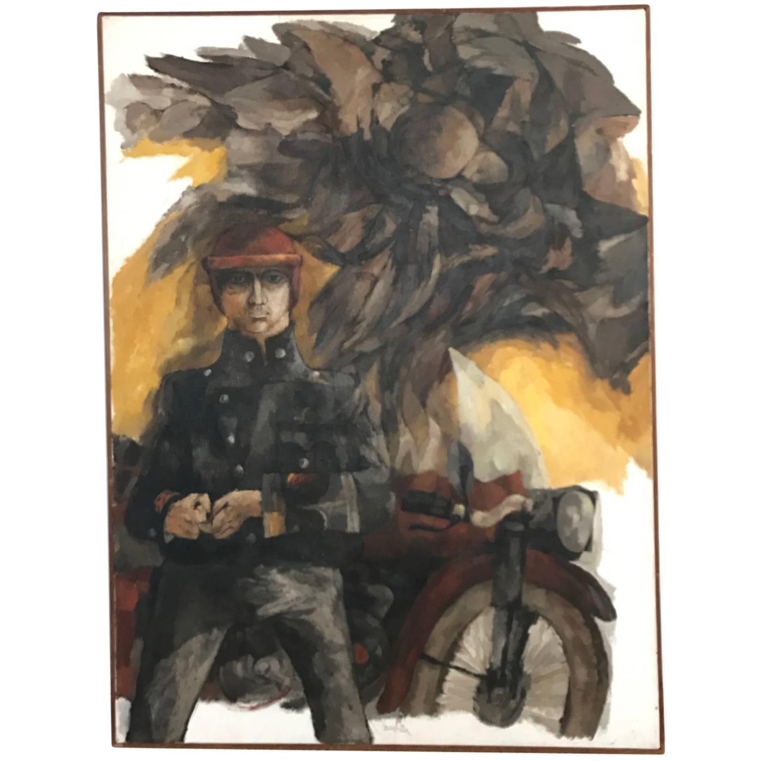 Bob Camblin- &quot;Dark vision of the cool saint&quot;

Great vintage Houston Texas artist Bob Camblin oil painting of a man in leathers standing in front of his motorcycle. 
