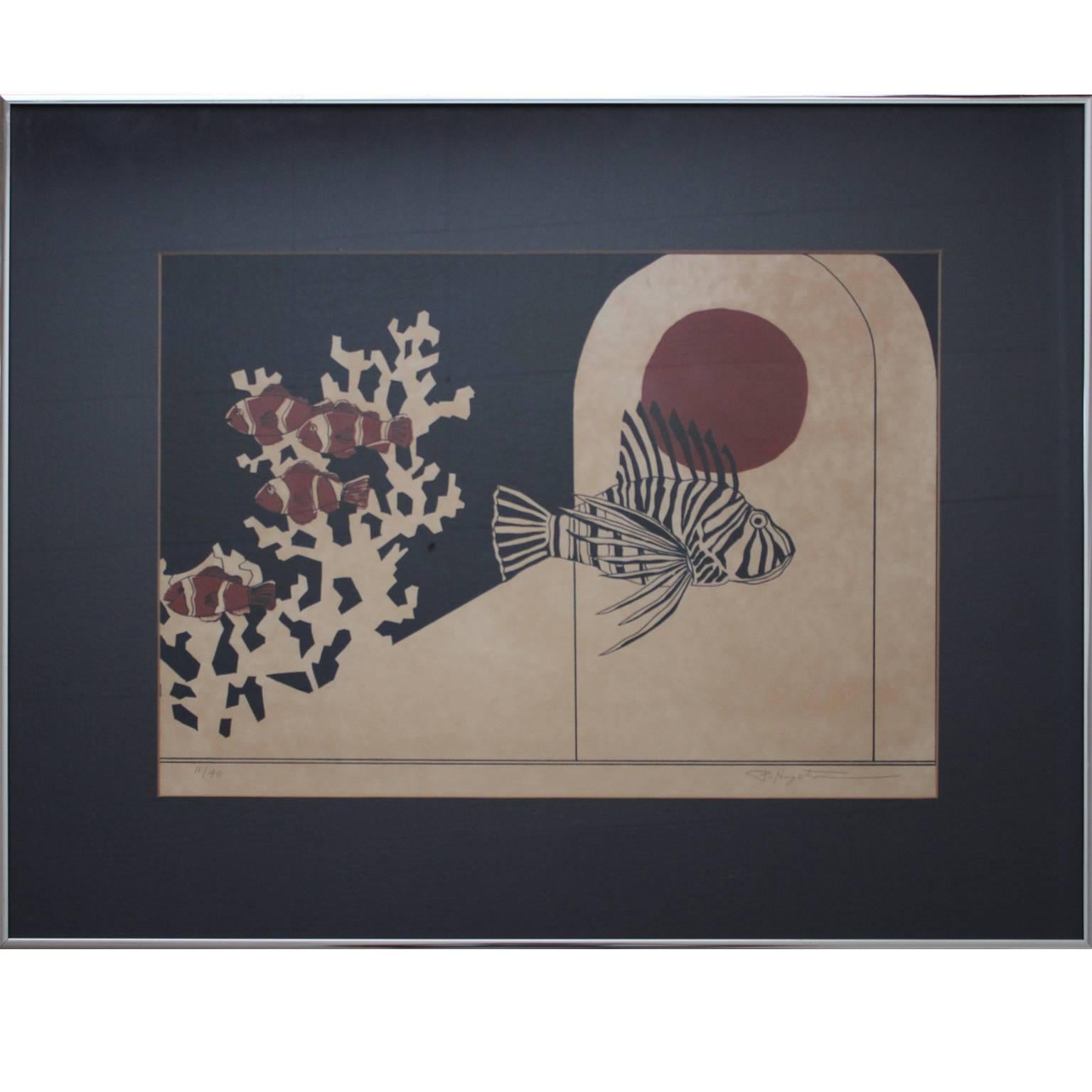 Patricia Hagstrom Abstract Print - Black, Red, and White Aquatic Print of a School of Clown Fish and a Lion Fish
