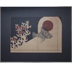 Black, Red, and White Aquatic Print of a School of Clown Fish and a Lion Fish