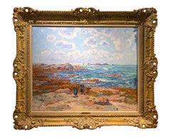 Pintura al óleo de un paisaje costero en tonos pastel, al estilo impresionista francés