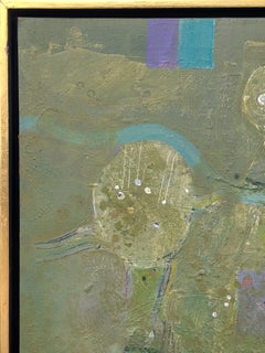 "Tierra Nueva" - Dipinto astratto in stile primo Novecento nei toni del verde, del blu e del viola