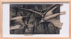 Contemporary Surreal Charcoal Landscape Drawing of Birds Flying Over a City