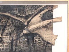 Contemporary Surreal Charcoal Landscape Drawing of Birds Flying Over a City