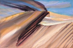 “Sandsignal 8-79” Modern Blue, Yellow, and Tan Horizontal Abstract Painting