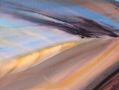 “Sandsignal 8-79” Modern Blue, Yellow, and Tan Horizontal Abstract Painting