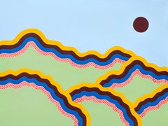 „Ridges“ – zeitgenössische abstrakte Landschaft mit blauen, grünen, roten und gelben Mustern