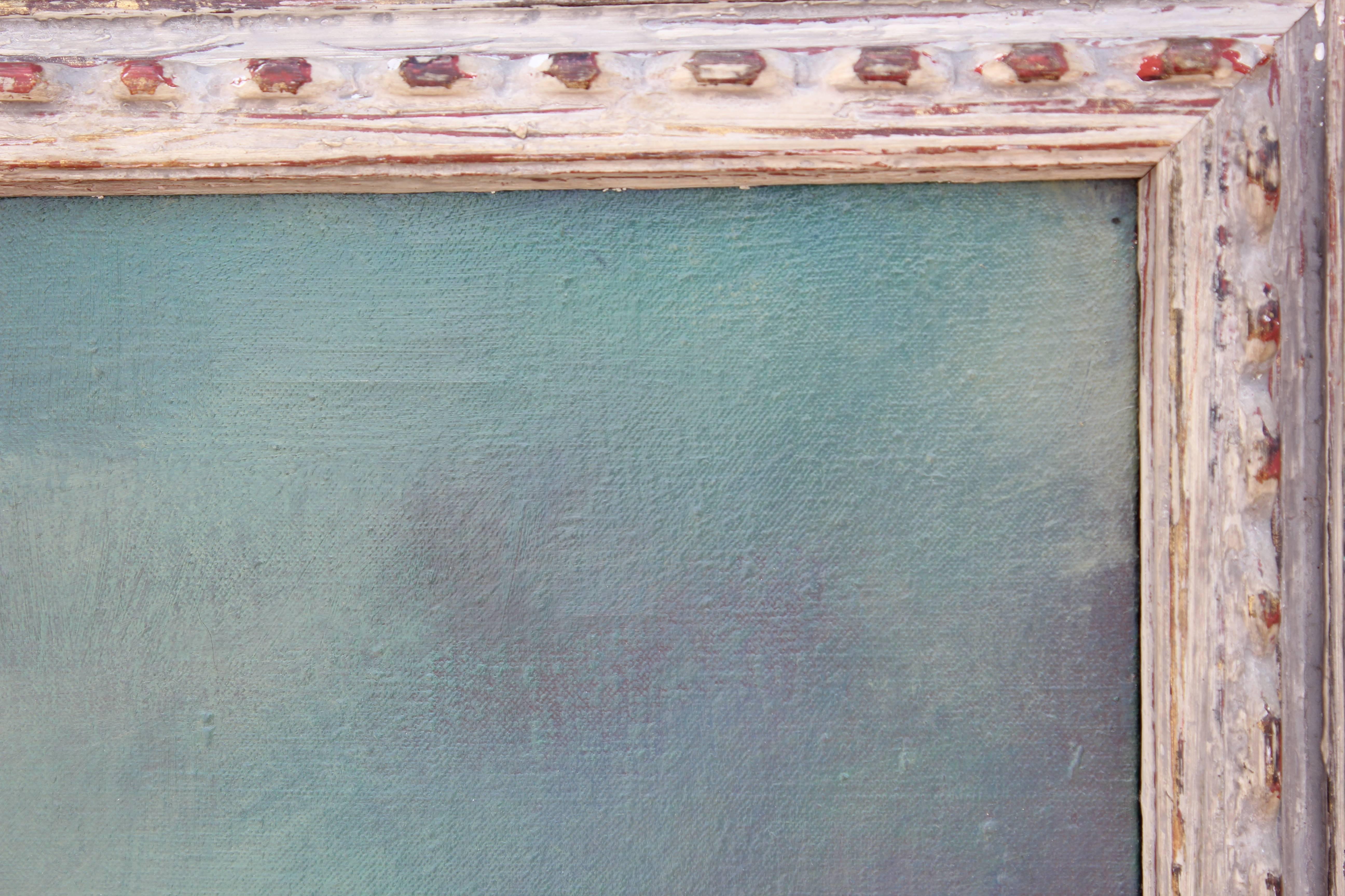 Pastel-colored abstract landscape with an archetypal structure and trees. Framed in a wooden frame. Has the artist signature on the bottom right-hand corner of the work. Artist titled the painting and dated it. 

Dimensions without Frame: H 36 in x