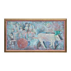 Vintage Procession of Bulls pulling a Cart of People in Pastel Tones