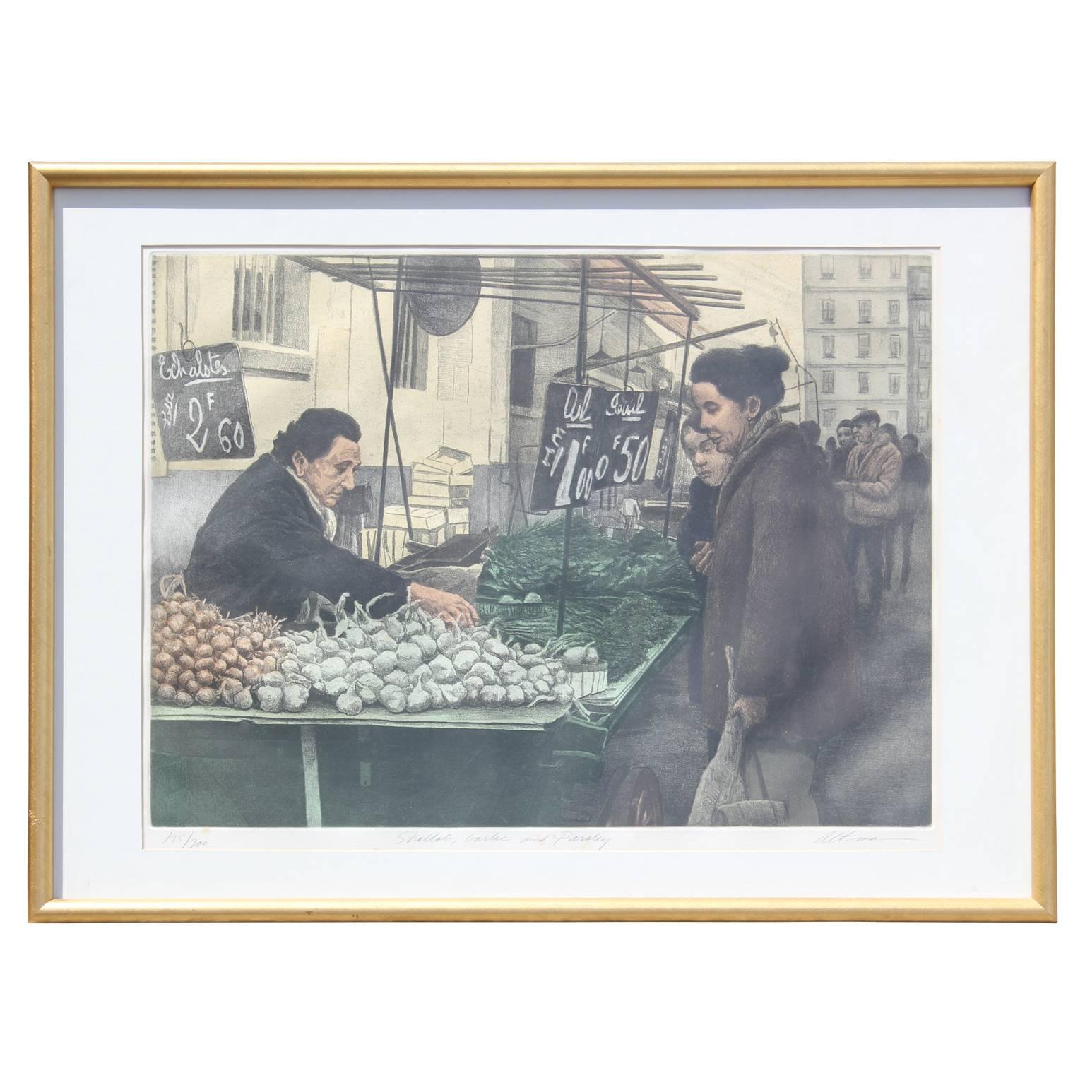 Harold Altman Figurative Print - "Shallots, Garlic and Parsley" Market Scene Edition 125 of 200