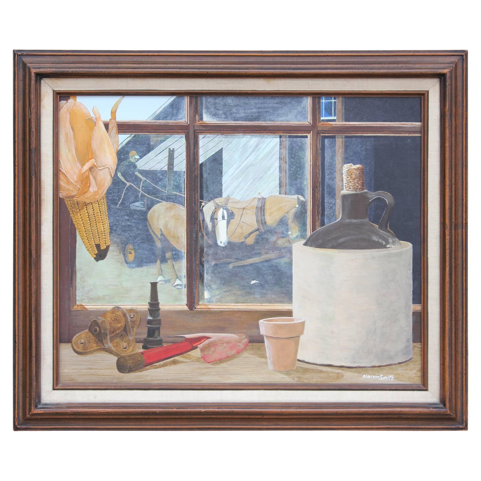 Marvin Smith Animal Painting – Stillleben, Gemälde einer Landvitrine mit Fenstern und Pferden