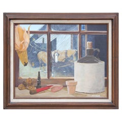 Pittura moderna surrealista con natura morta di un davanzale di campagna e cavalli