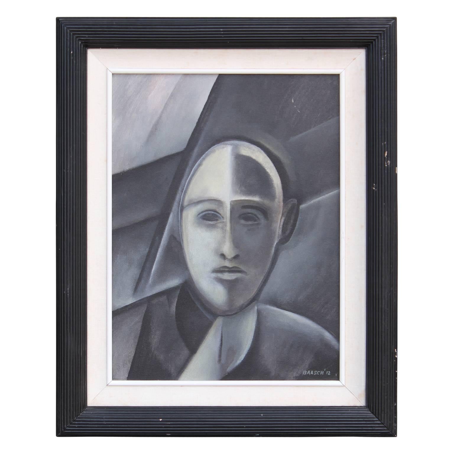 Norman Baasch Figurative Painting - "Portrait of a Man" Grey Cubist Portrait