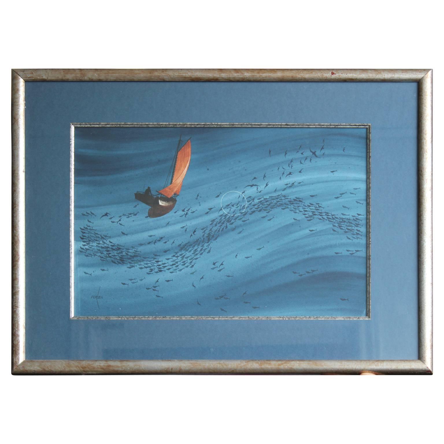 Don Ferlen Animal Painting - Aerial, Naturalistic Seascape with Fish and Boats