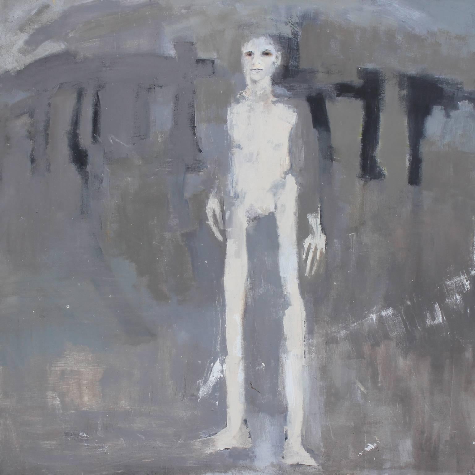 Patricia Hernandez Abstract Painting - Grey Abstract with Tall Man