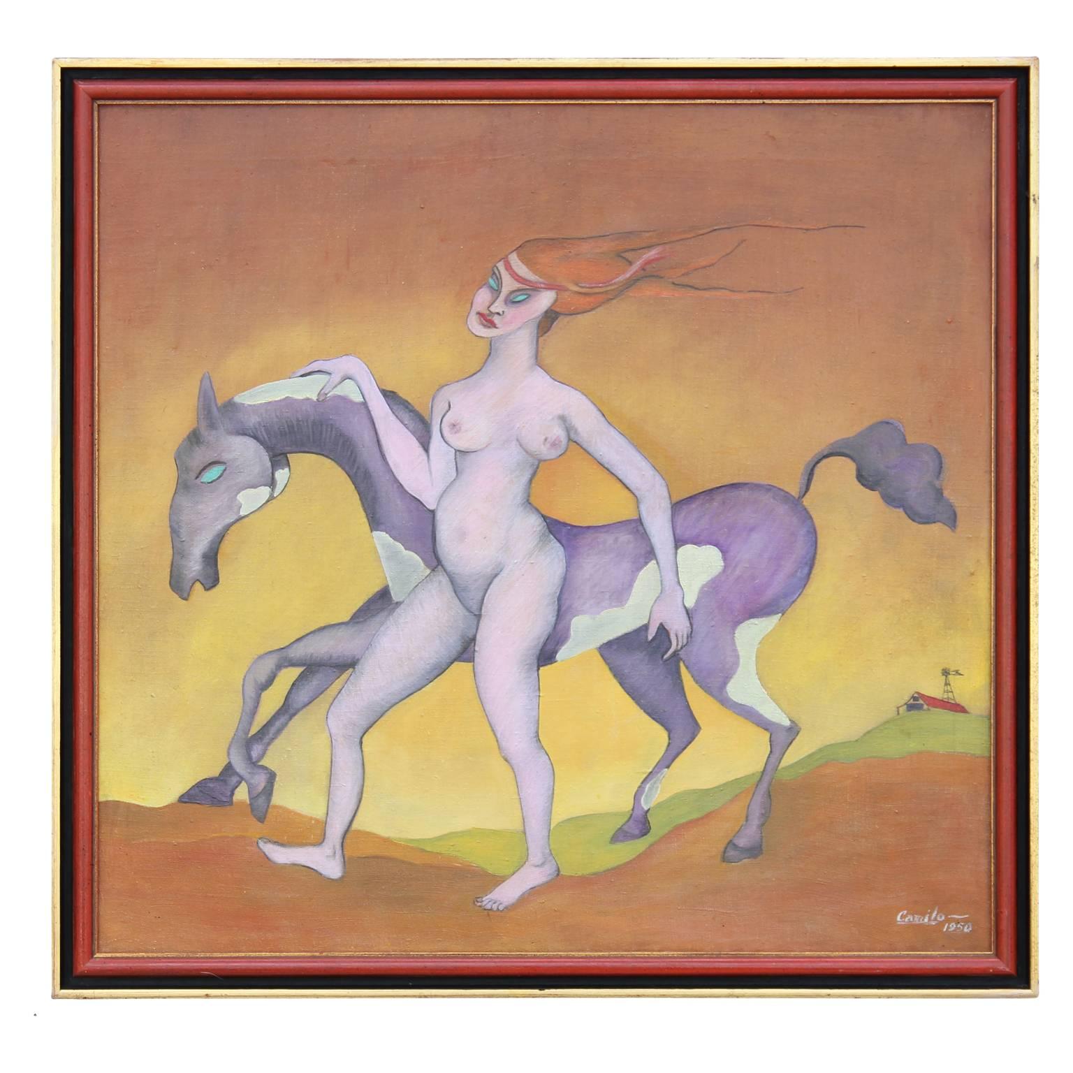 Camilo Nude Painting - Surrealist Painting of a Nude Woman and Horse