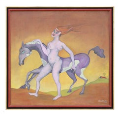 Surrealist Painting of a Nude Woman and Horse