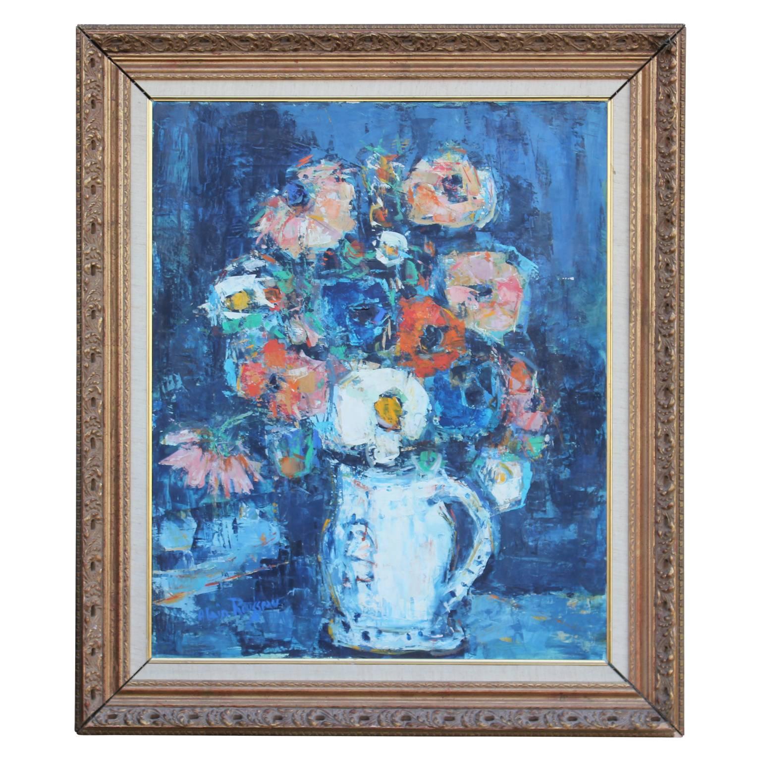Alain Rousseau Interior Painting - Impressionist Flowers in Vase Still Life with Blue Hues