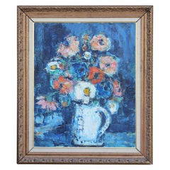 Impressionist Flowers in Vase Still Life with Blue Hues