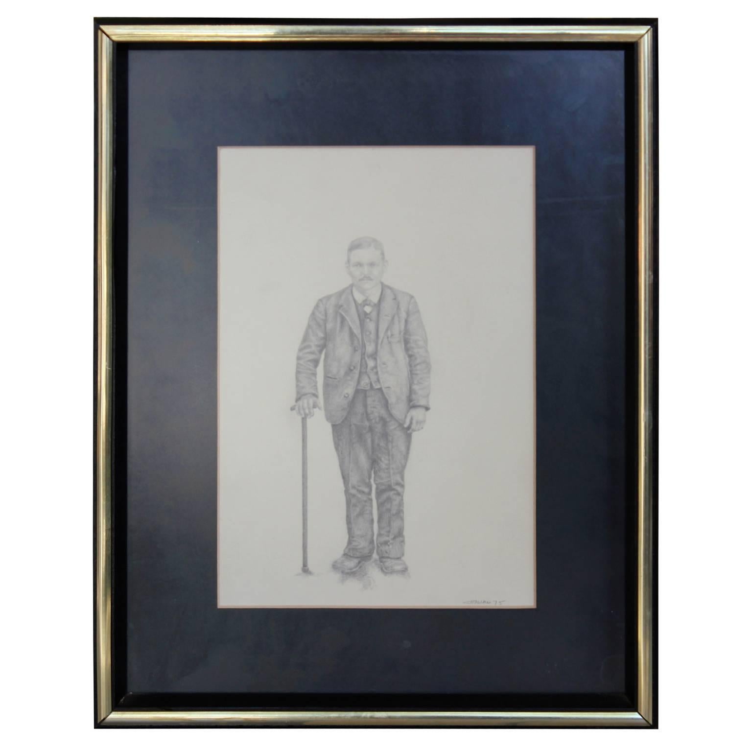 Portrait Sketch of Man with a Cane - Art by C. Hallam