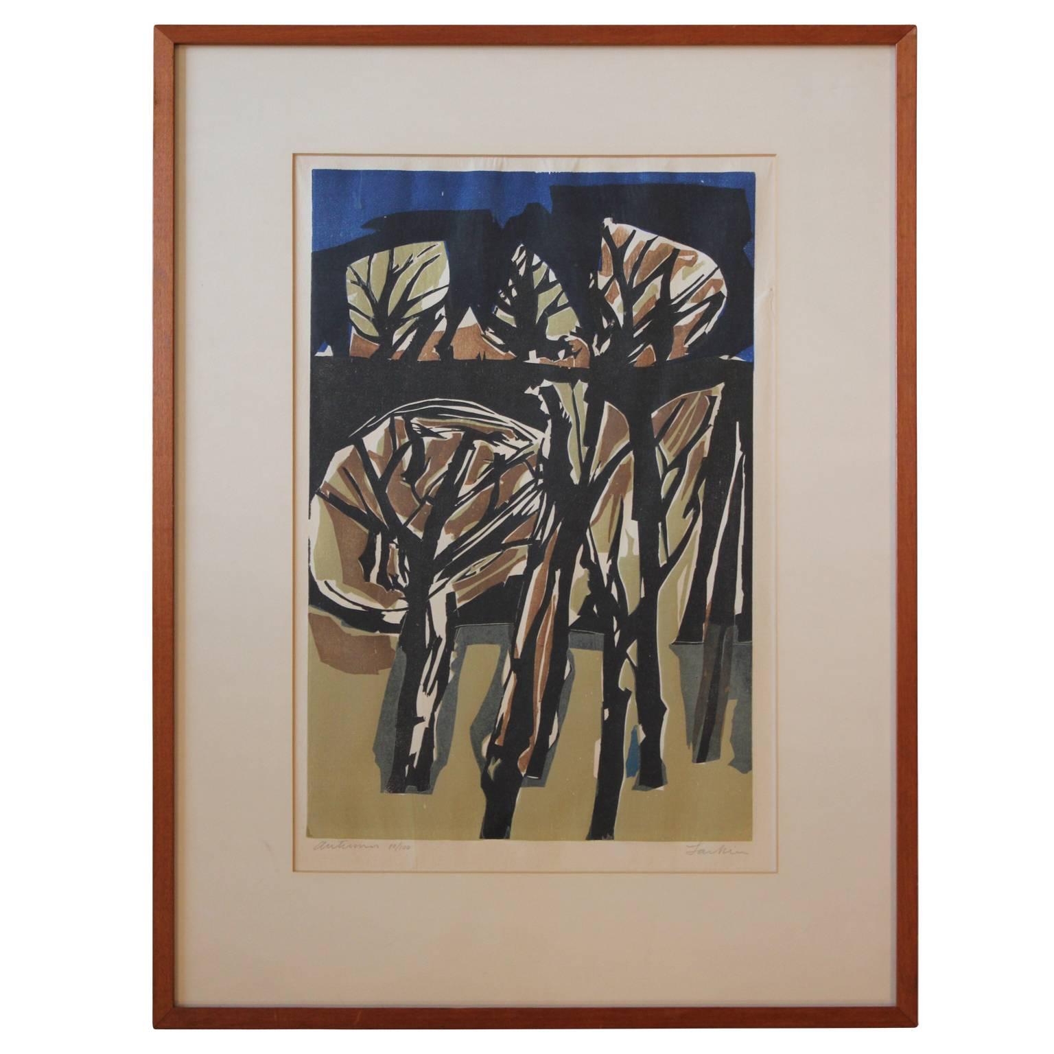 Eugene Larkin Abstract Print – "" Herbst"" Kubistischer Holzschnitt im kubistischen Stil Auflage 10/100 