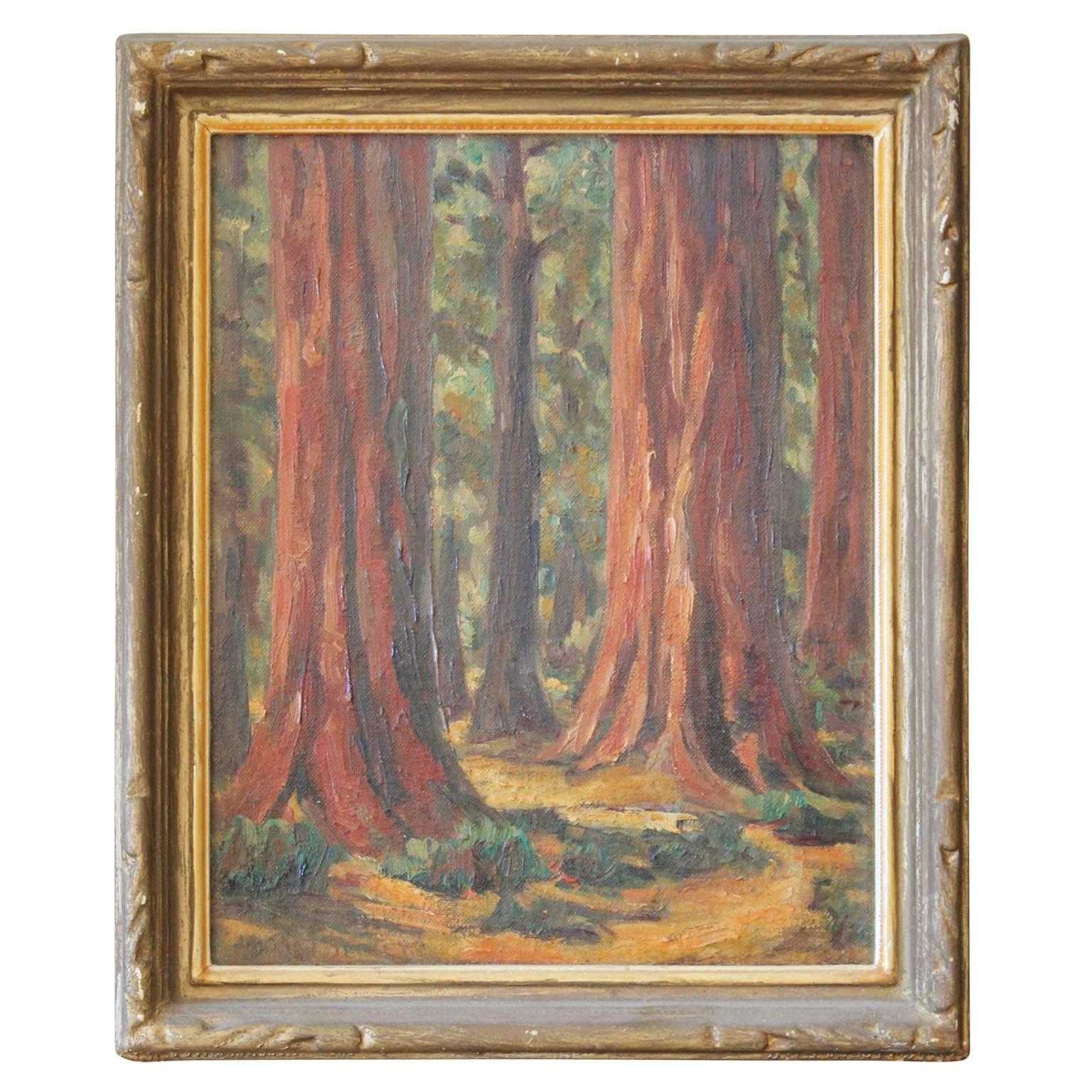 "Desert Mountain"- Early California Redwood Trees Landscape Painting - Art by Unknown