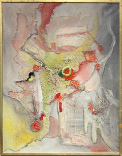 Red, Yellow, and White Mixed Media Abstract Painting signed L. Anderson