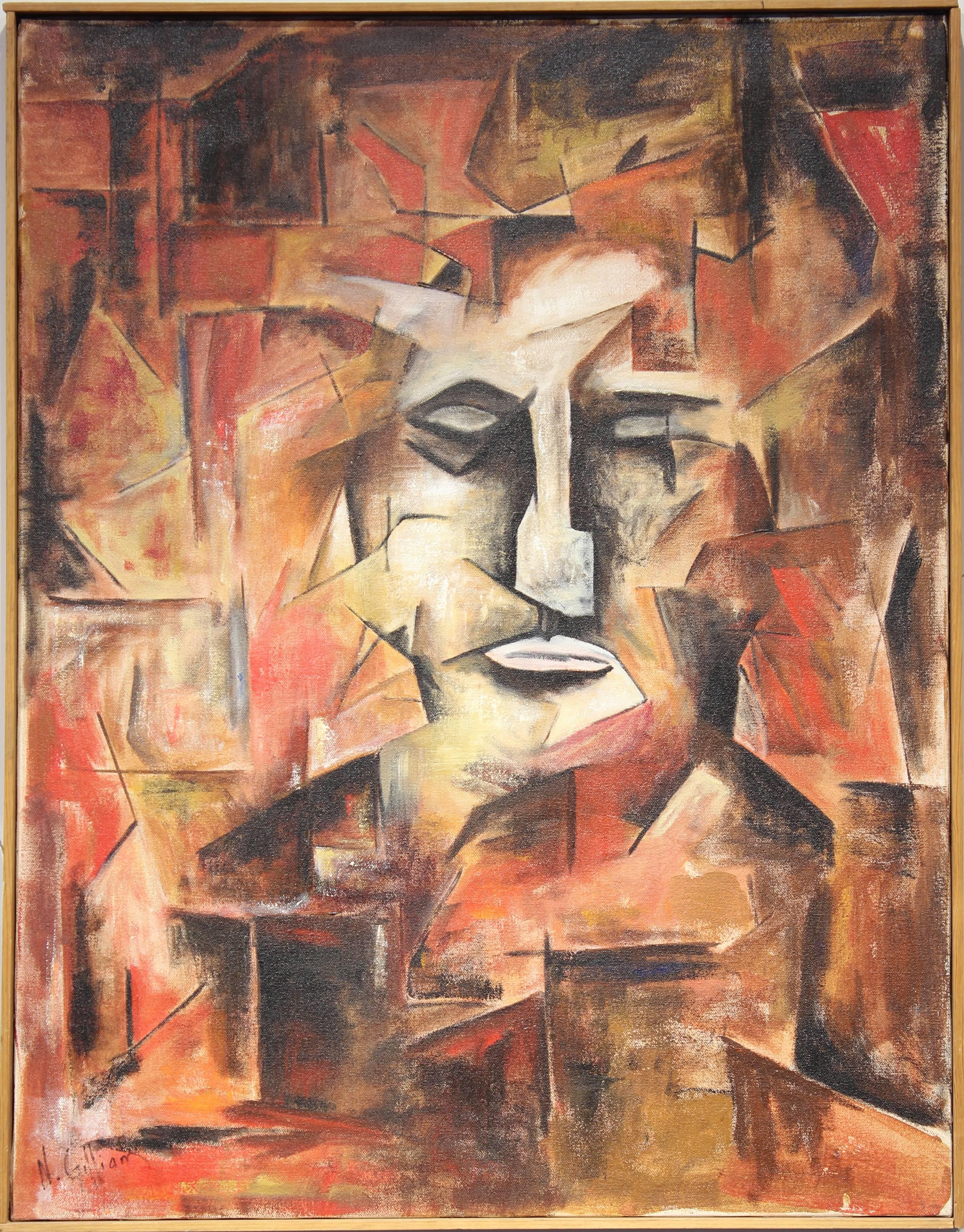 Nelda Gilliam Abstract Painting - Red, White and Black Cubist Portrait