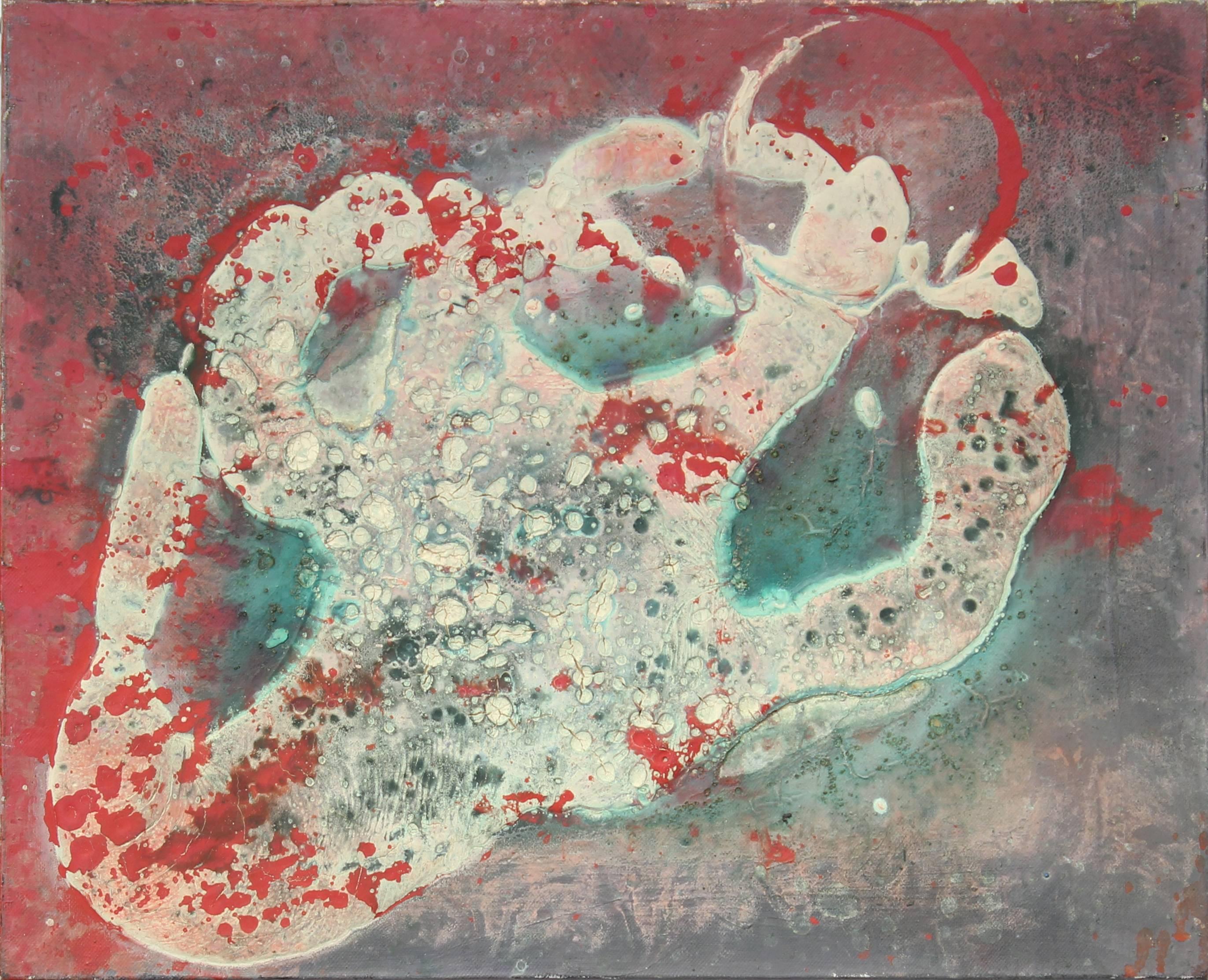 Textured Red, Green and White Amorphic Relief Abstract - Art by Petitjean-Sart