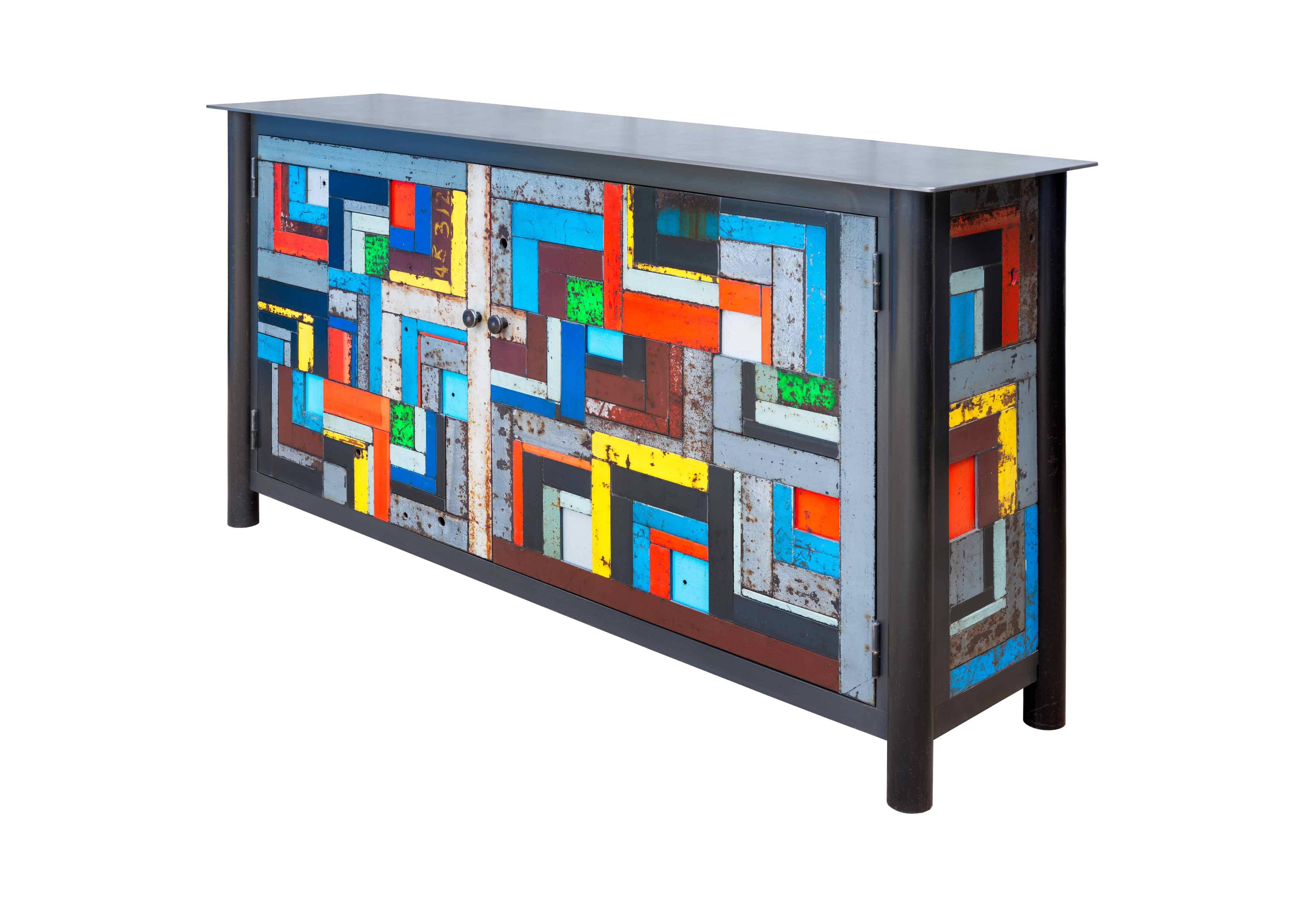 Two Door Gee's Bend Housetop Quilt Cupboard - Steel Furniture, Buffet Sideboard - Mixed Media Art by Jim Rose