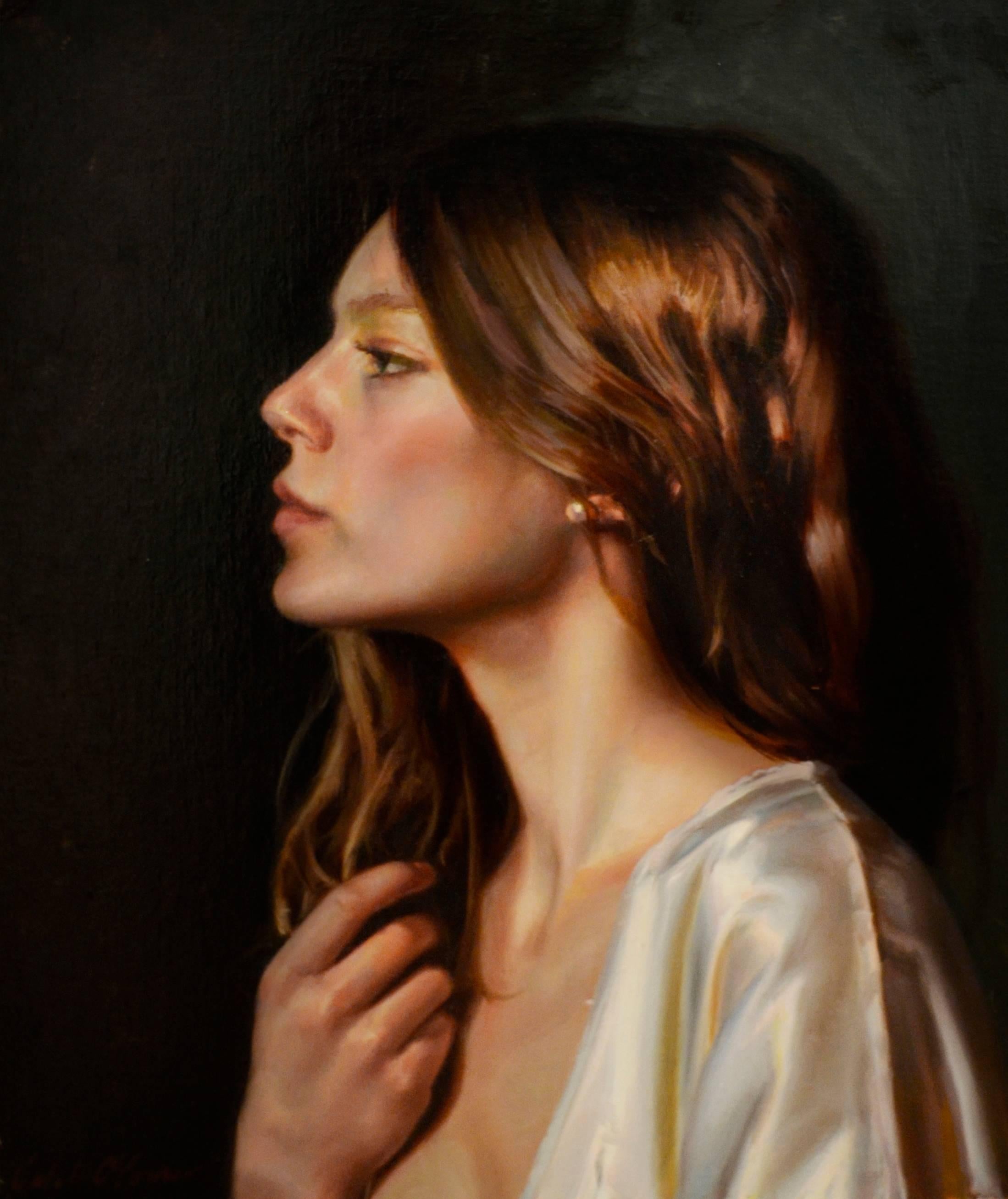 Untitled Portrait of a Female with Long Auburn Hair and a Silk Robe Oil on Panel