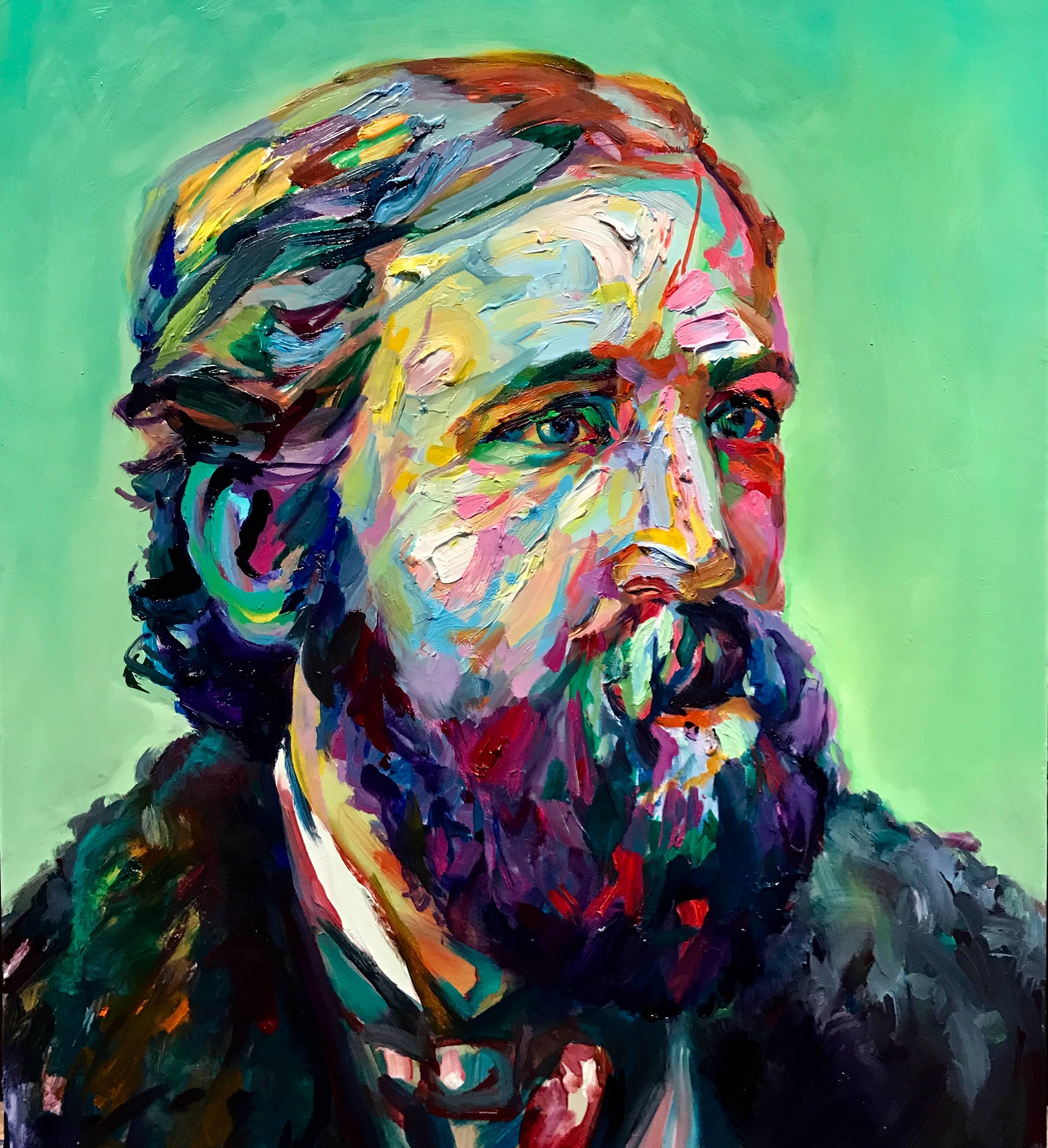 Aaron Smith Figurative Painting - Umblecumstumble, Multi-Colored Bearded Male Portrait, Oil on Panel