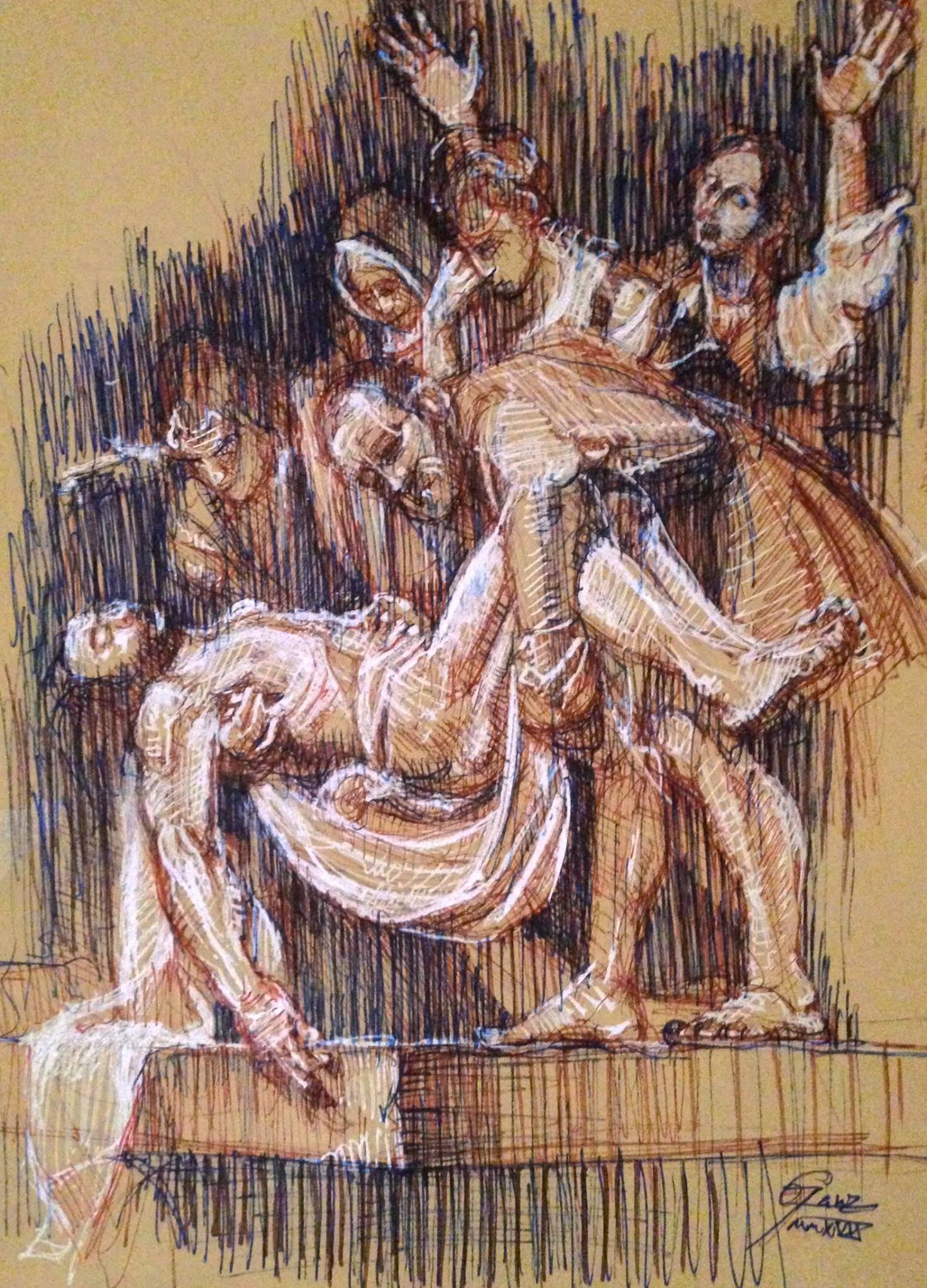 Christopher Ganz Figurative Art – After The Deposition by Caravaggio, Colored Pen Drawing, Signed