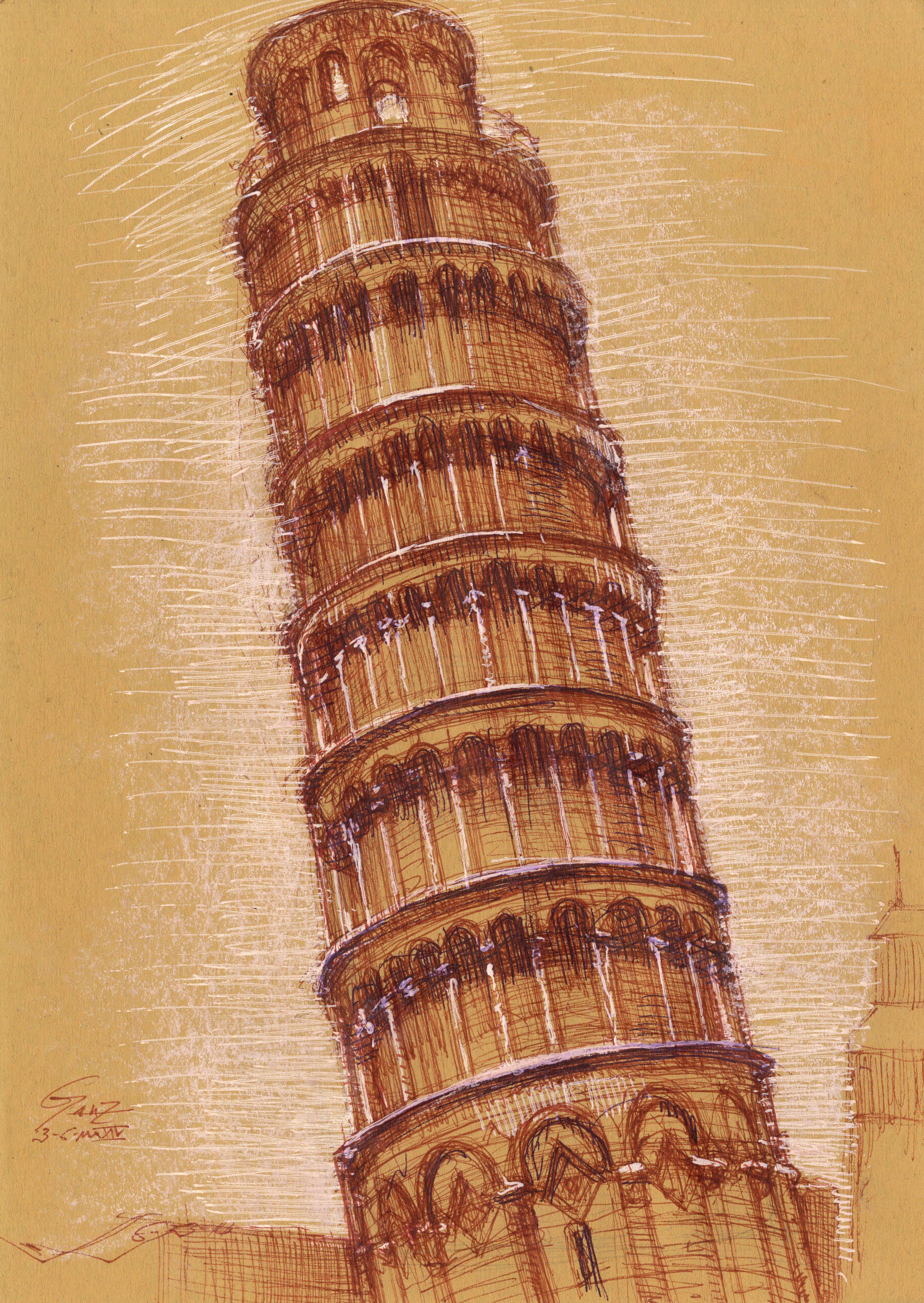 The Belltower of Piza, a Pleine Aire Study in Pen and Chalk, Matted and Framed