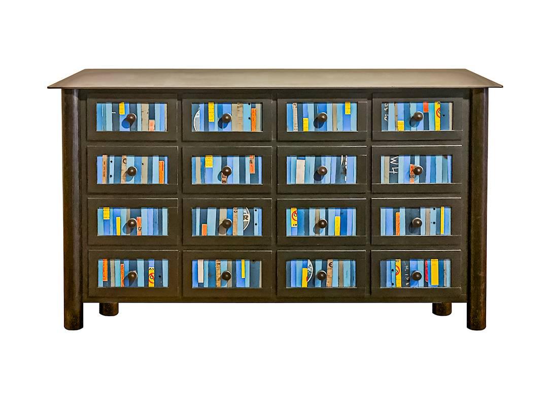 16 Drawer Counter - Gee's Bend Quilt Inspired Steel Furniture - Mixed Media Art by Jim Rose